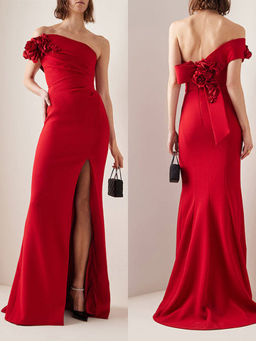 Woochic robe longue sirene fleurs fendue cuisse dos nu col bateau élégant de soirée Rouge S